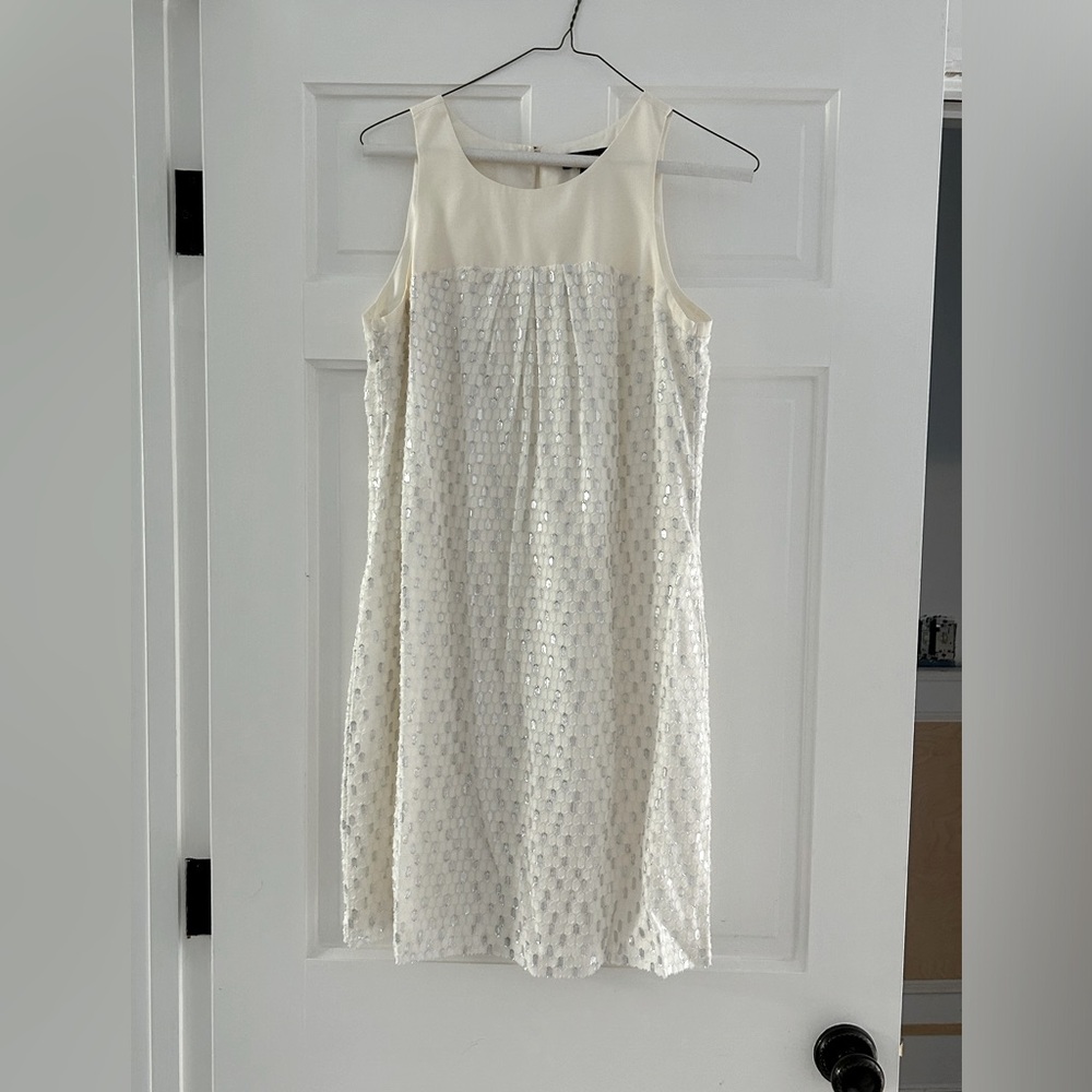 White House Black Market: off white/ silver cocktail dress. GUC
